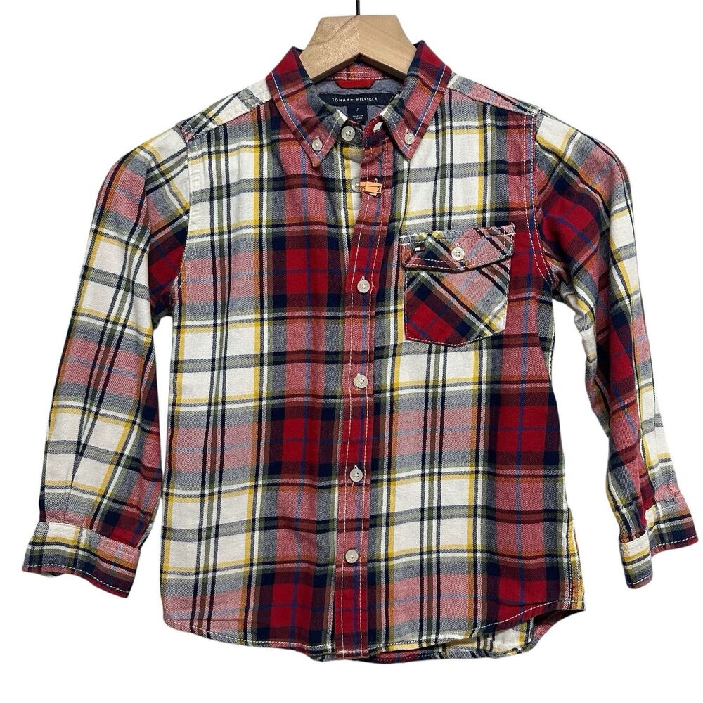 Tommy Hilfiger Boys 7 Plaid Button-Up Long Sleeve Red Navy Cotton Flannel Pocket